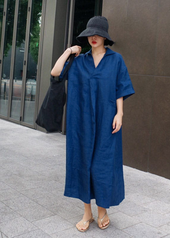 Open Short Side Wrinkled Sleeve Linen Blue Dress
