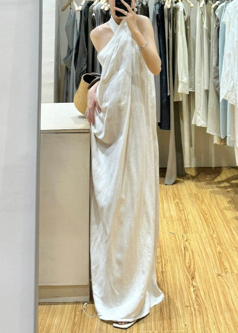 New White Cold Shoulder Solid Cotton Maxi Dresses Sleeveless EE011