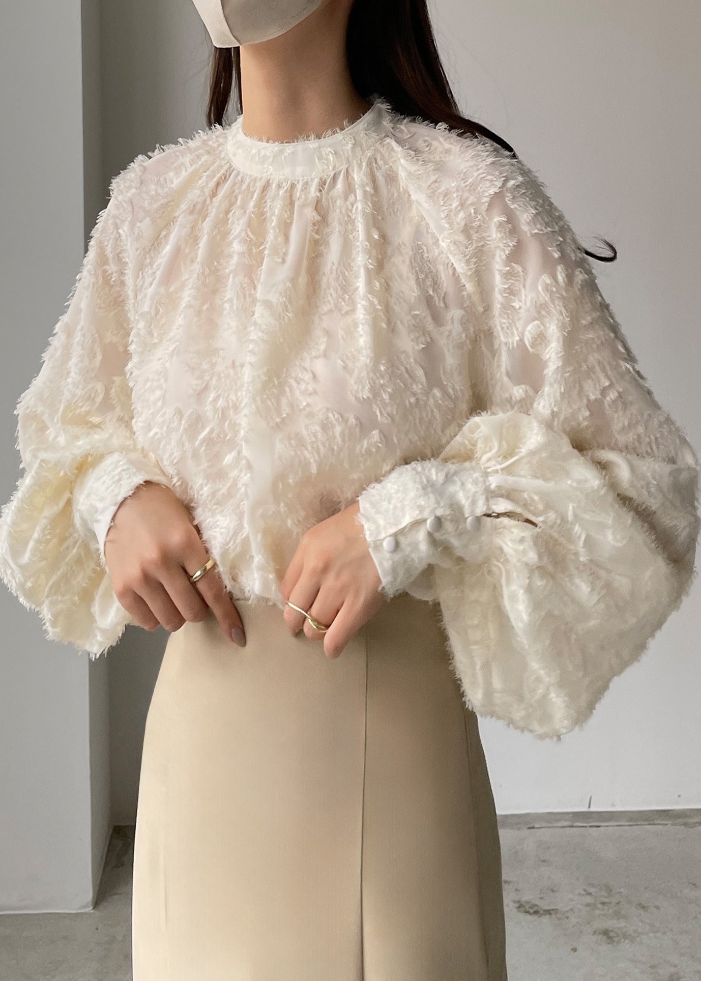 Top Classy Tasseled Beige Shirt Lantern Chiffon Sleeve