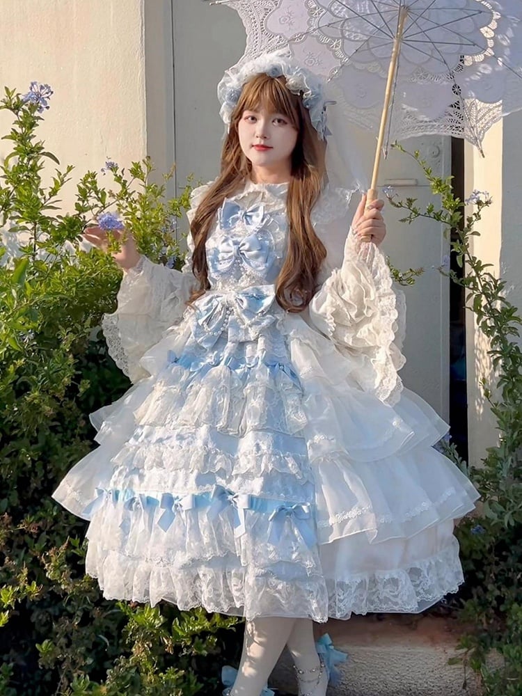 Set Hanayome JSK Dress Bows Decoration Full Blue White Skirt Tiered Hime Lolita and