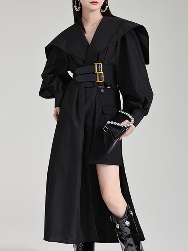 High Belted Pleated Lapel Long Black Asymmetric Waisted Modern