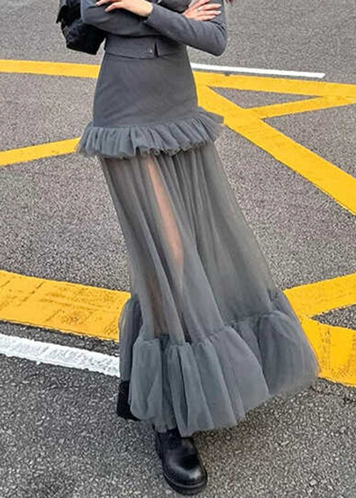 Slim Fit Grey Ruffled Tulle Patchwork Maxi Skirts Spring RV006