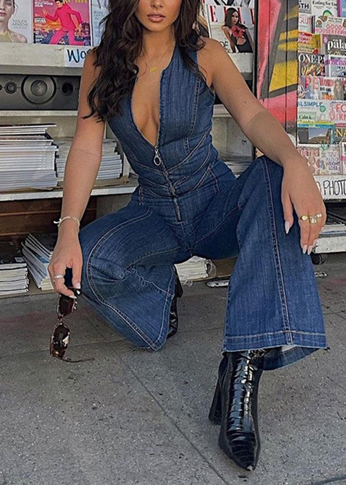 Denim Backless Up Jumpsuit Sleeveless New Blue Zip