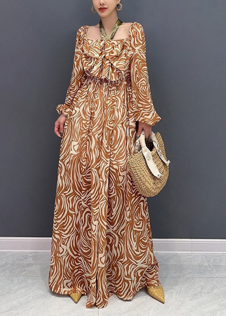 Combinaison en mousseline de soie froissée à imprimé café fantaisie à manches longues AO1045