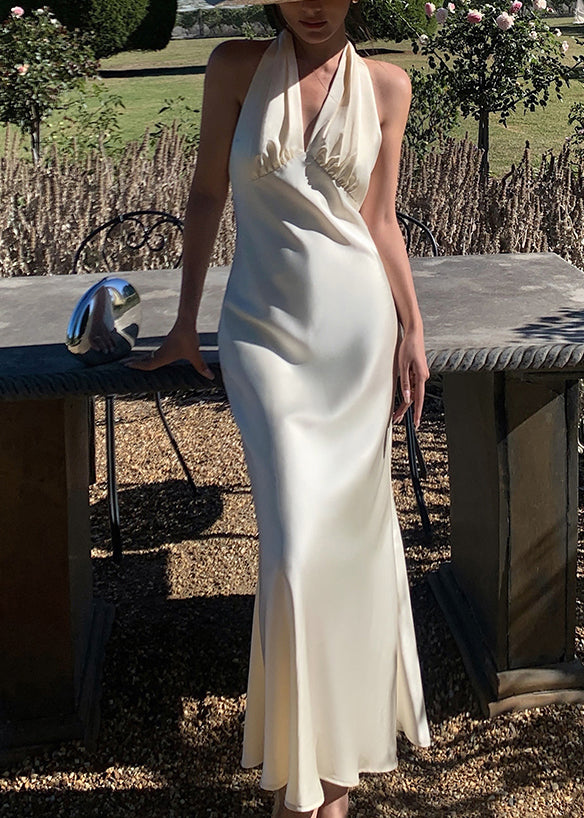 Dresses Solid Neck Long Art Backless Beige Silk Sleeveless V