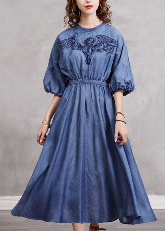 Vintage Blue Embroidered Elastic Waist Long Denim Dress Lantern Sleeve NN024