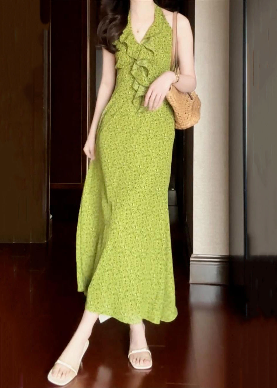Ruffled New Cotton Print Dress Long Green Sleeveless