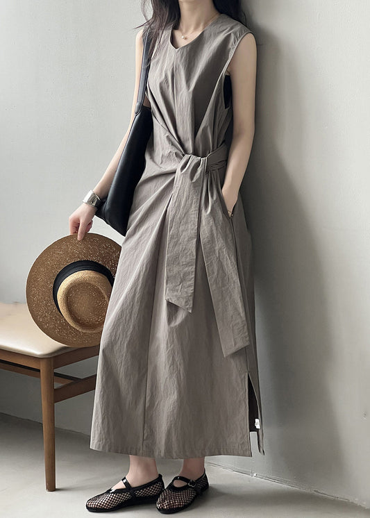 Long V Grey Pockets Dress Neck Design Original Sleeveless Cotton