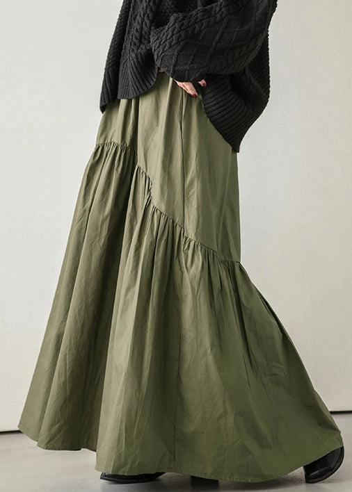 Wrinkled Cotton Skirt Spring Army Elastic Waist Loose Green
