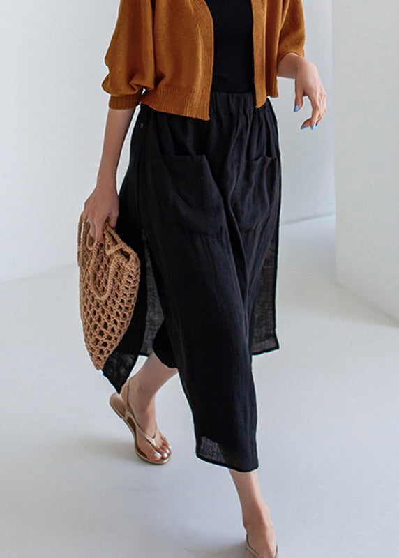Summer Black Open Skirt Pants Simple Side Linen