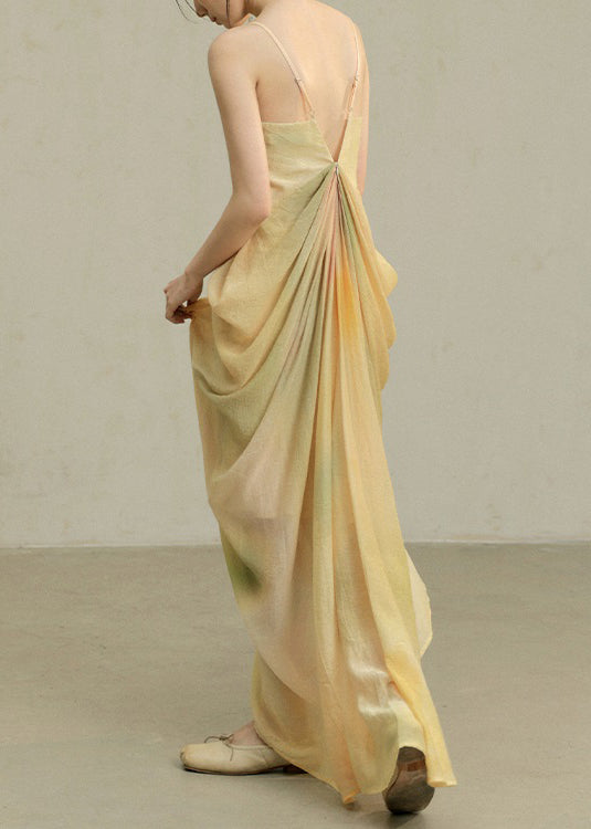 Spaghetti Tie Dye Yellow Cotton Wrinkled Strap Novelty Dress