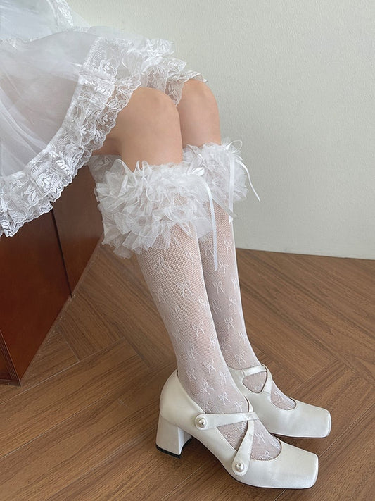 Cuffs Bowknot Details Lace Calf Socks Ruffled White