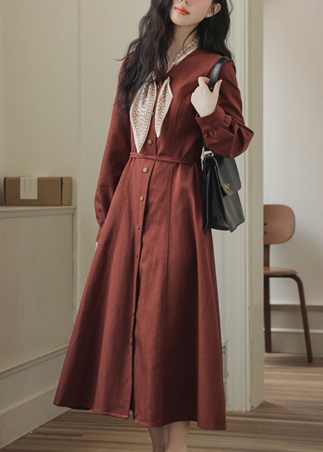 Fit Bow Pockets Dress Maxi Red Button Spring Slim