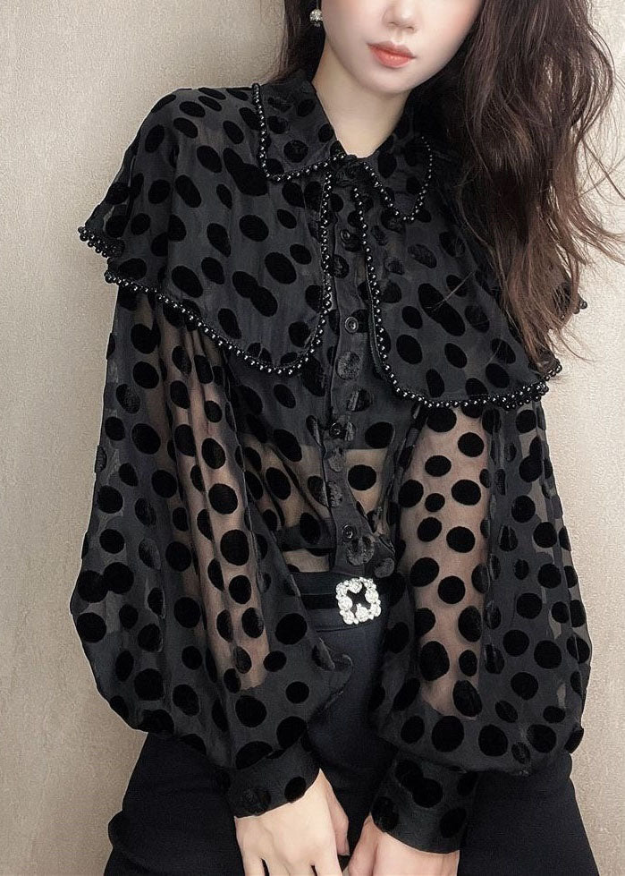 Black Unique Pan Patchwork Nail Peter Velour Collar Blouses Bead
