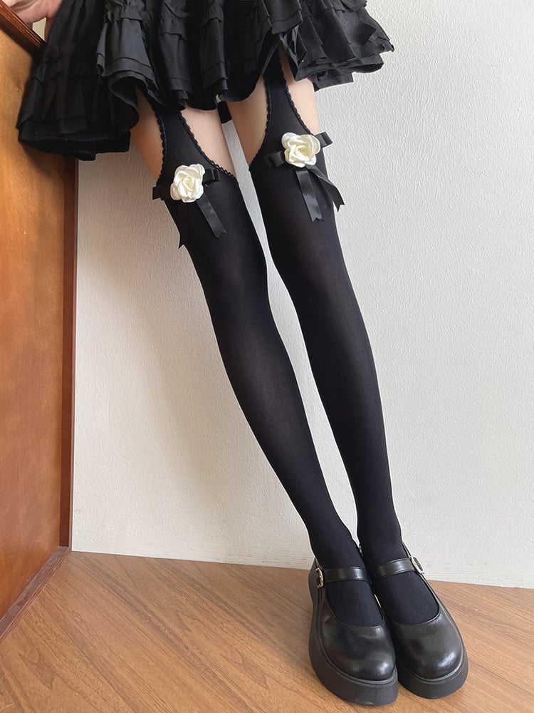 Black/White Tights Camellia Suspender Bowknot