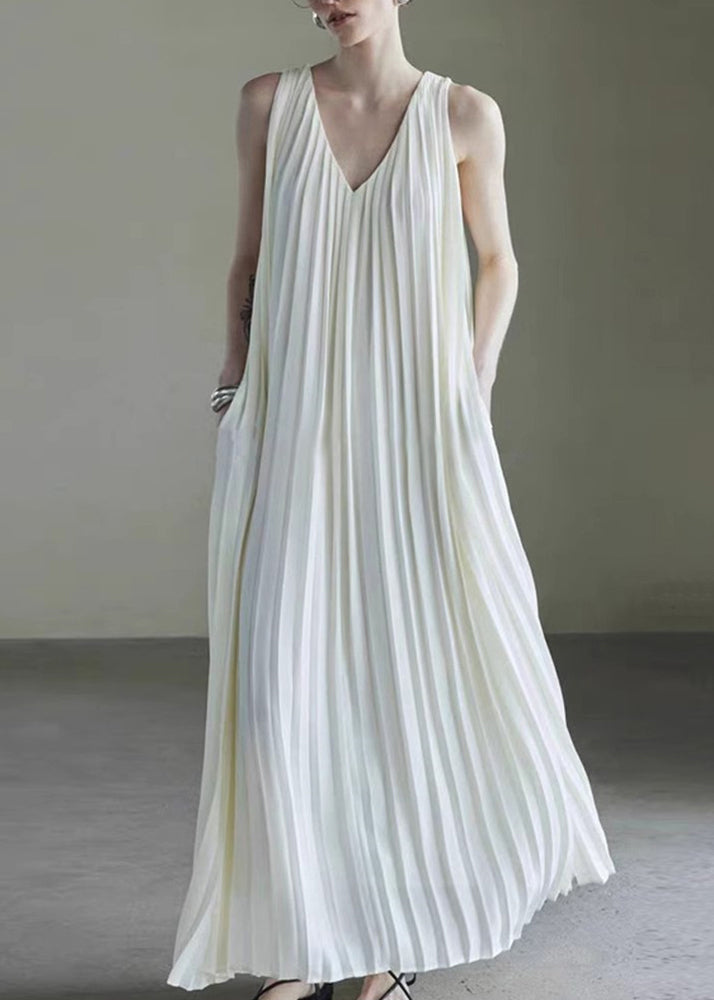 V White Dress Simple Neck Sleeveless Wrinkled Long Chiffon