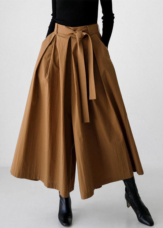 French Cotton Leg Brown Spring Waist Wide Pockets High Pants