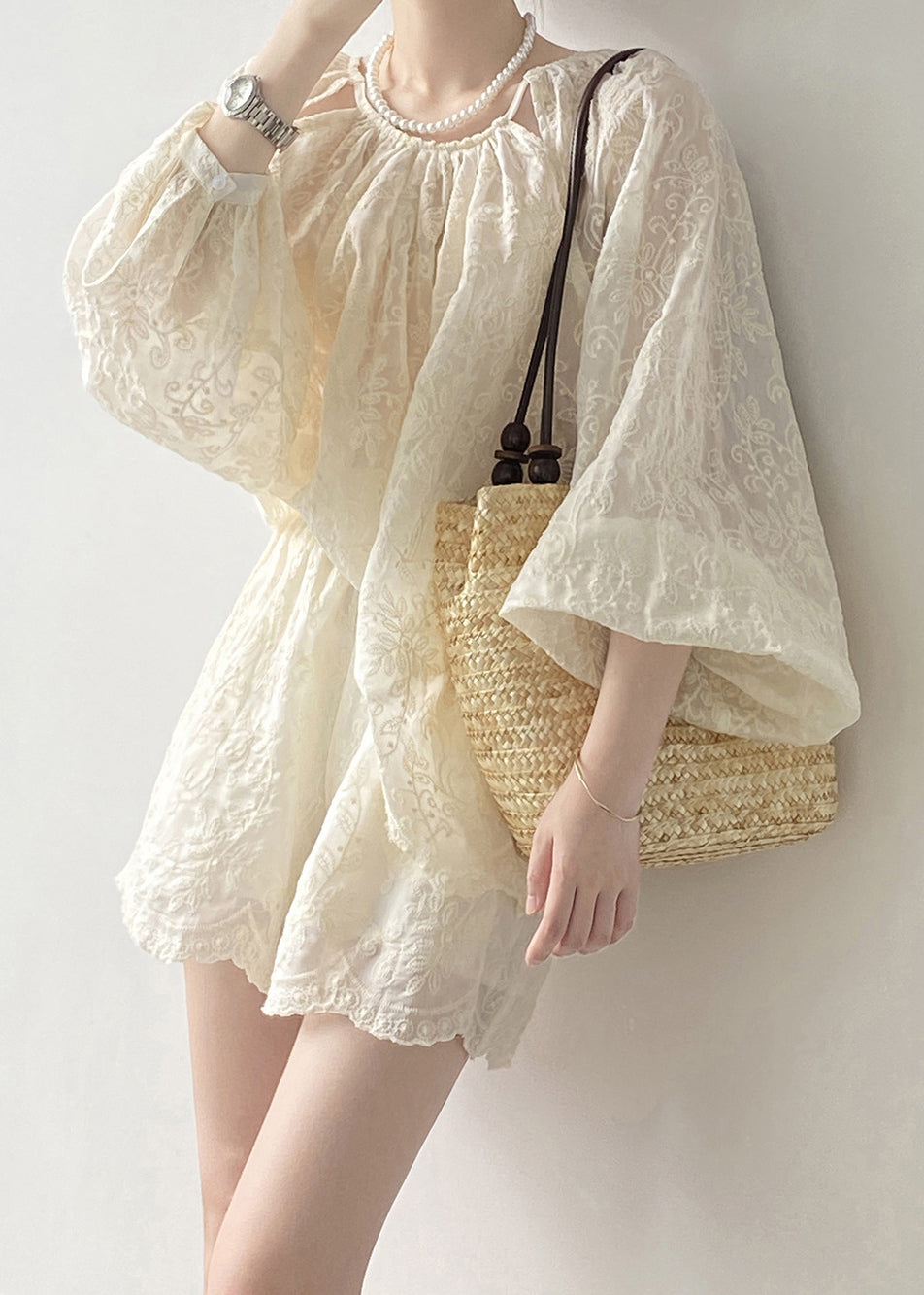 Art Shorts Piece Beige Spring And Two Set Cotton Tops Embroidered