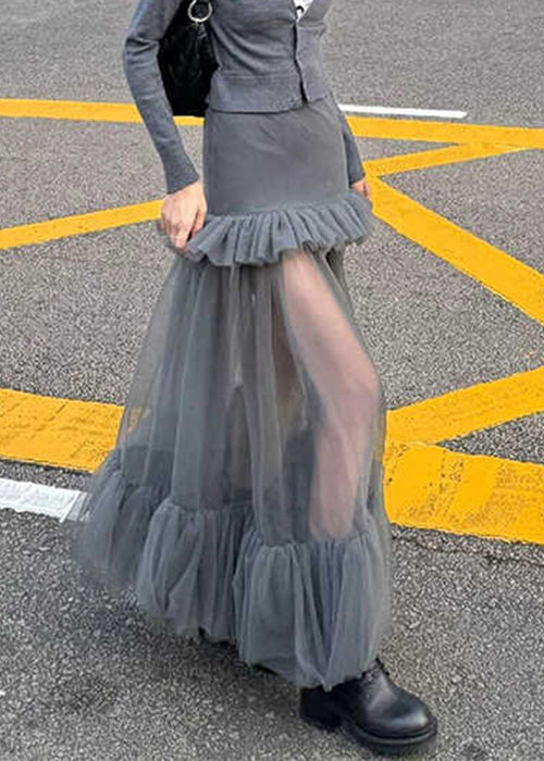 Slim Fit Grey Ruffled Tulle Patchwork Maxi Skirts Spring RV006