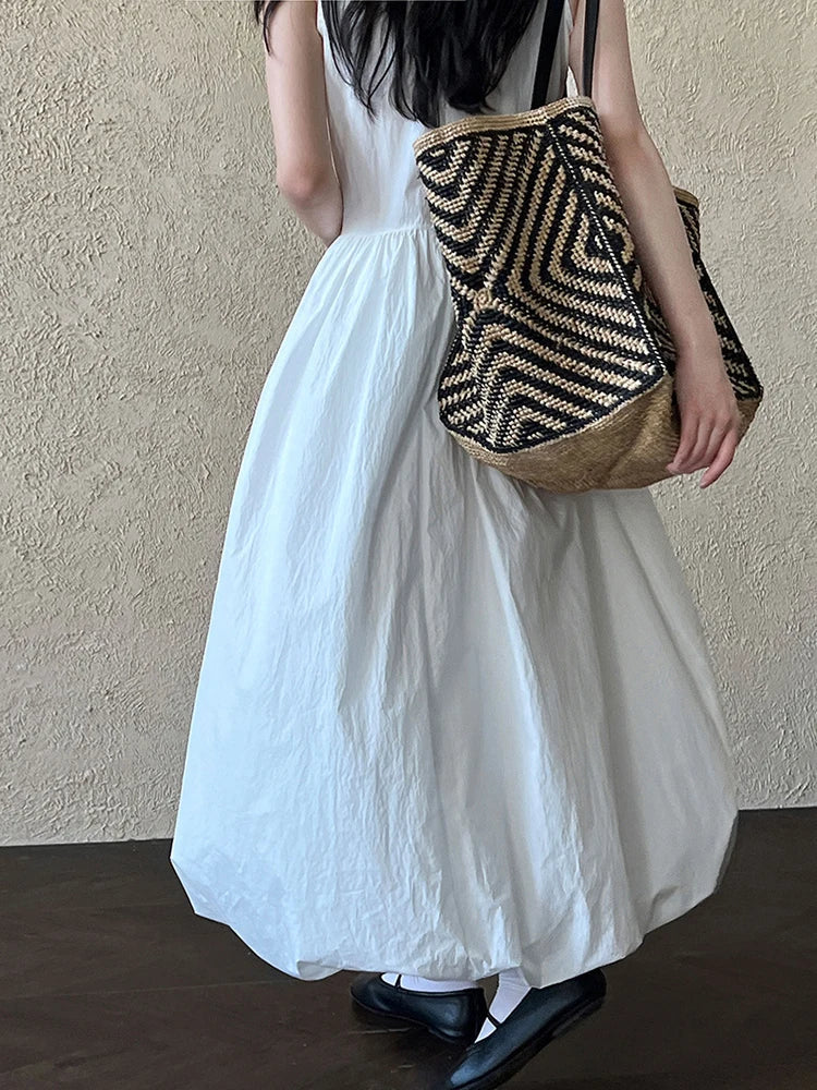 Simple Blue Puff Patchwork Dress Sleeveless O-neck Hem