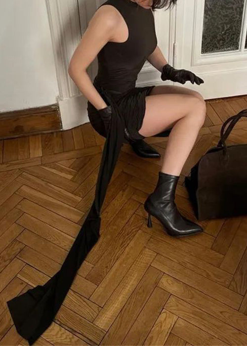 Cotton Fit Turtleneck Mid Wrinkled Brown Slim Dress Sleeveless