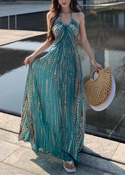 Print Stylish Backless Cotton Vacation Dress Sleeveless Blue