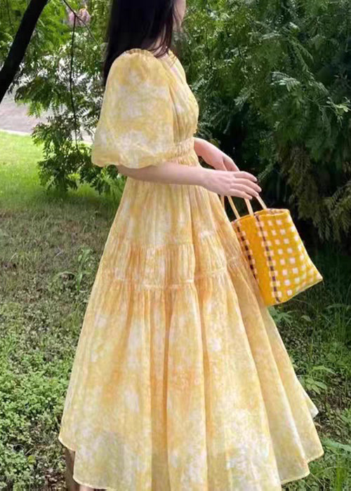 Chiffon Bohemian Print Long Neck V Dress Summer Yellow