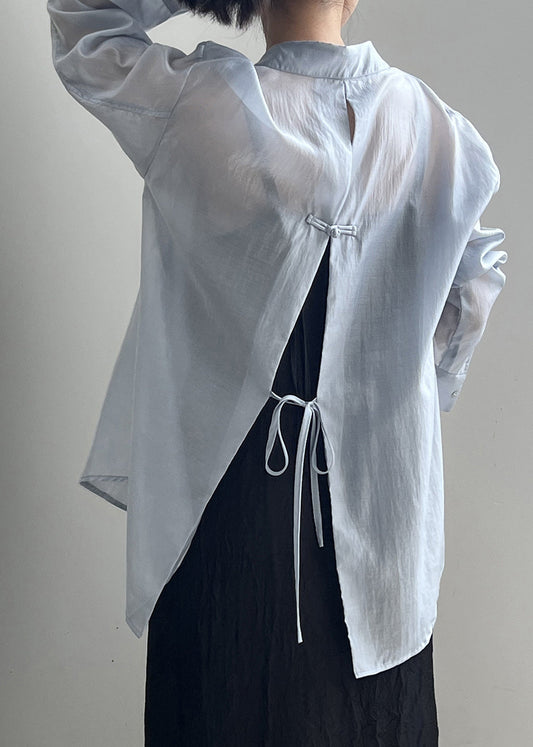 Spring Up Side Blouses Pan Open Collar Peter Lace Blue Silk