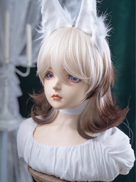 43CM With Wig Length Short Ouji White Hair Ombre And Brown Air Color Bangs