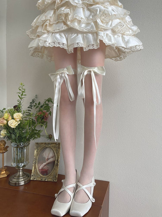 Semi-sheer White/Black Bowknot Stockings Overknee Milk Design