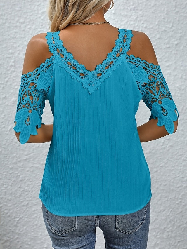 Women's Lace Shirt Blouse Lace Solid Color Stylish Casual