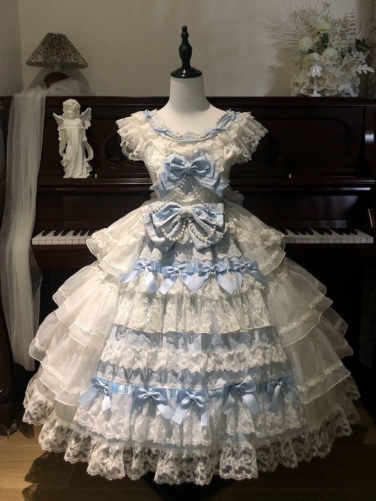 White Decoration and Blue Tiered Lolita Dress Hime Skirt Bows Hanayome