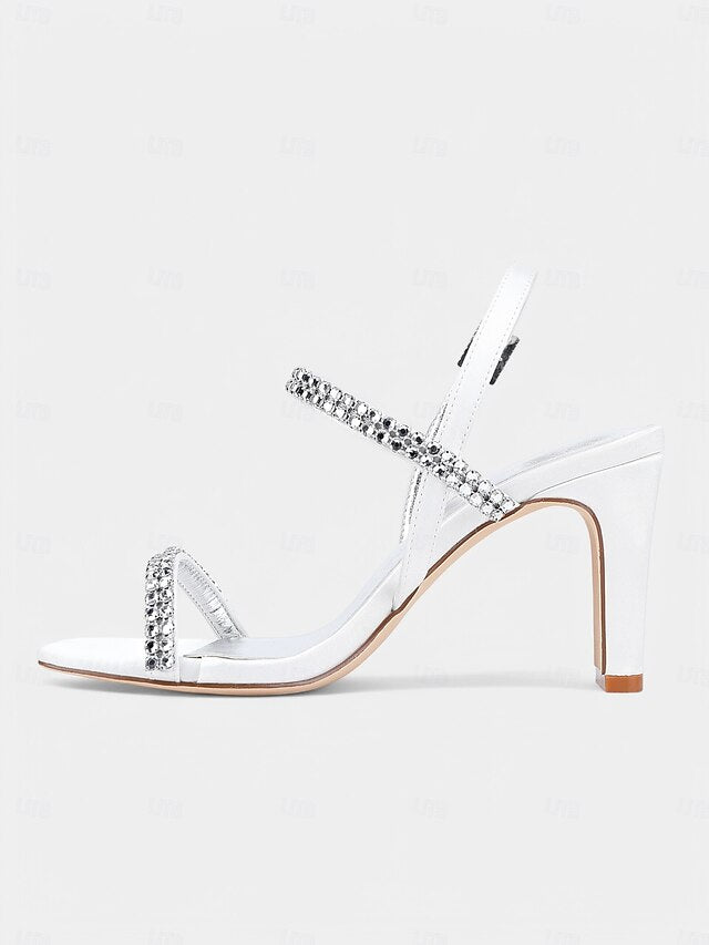 – Rhinestone Prom Women's Heel Sandals White Block Bridal