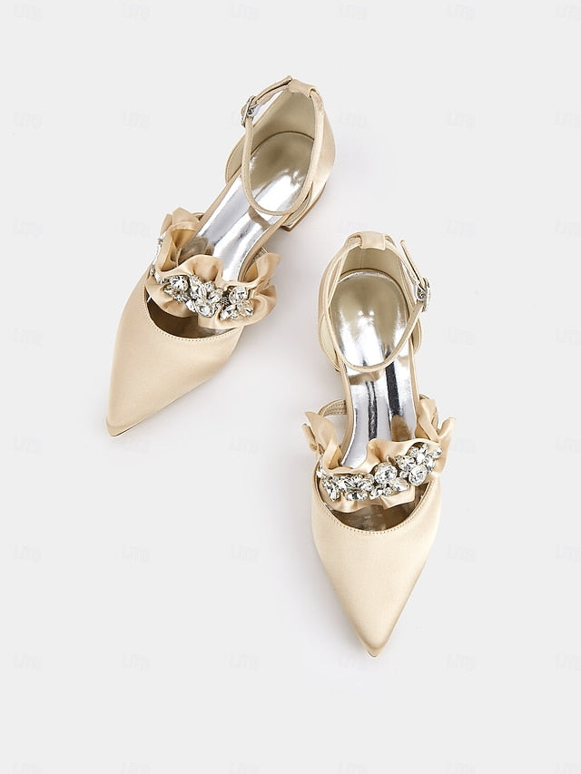 with Pointed-Toe Satin Women's Rhinestone Black Flats