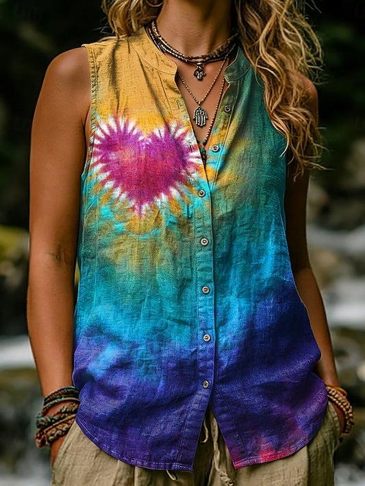 Women's Shirt Cotton Linen Vest Linen Vest Buttons Print