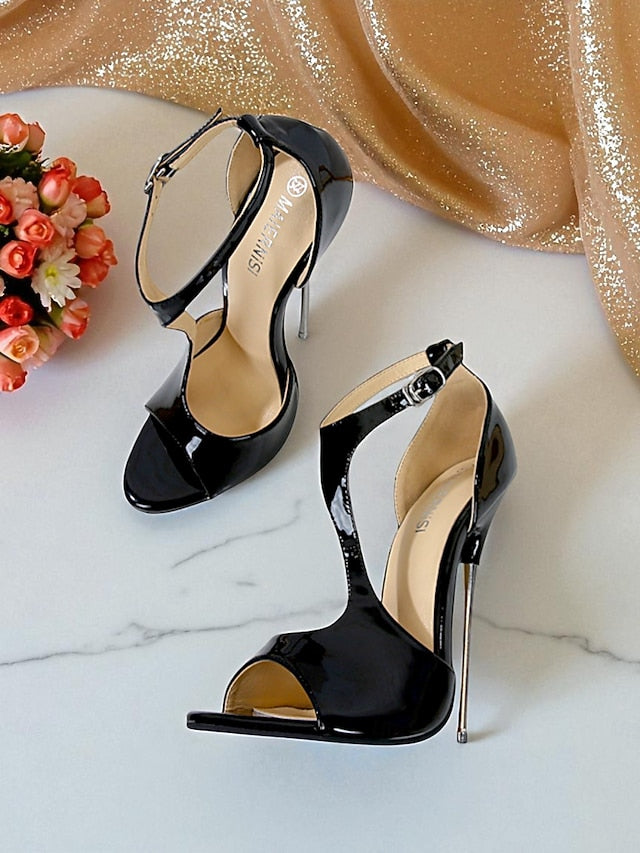 - Strappy Open Women's Red Patent Heels Leather Stiletto