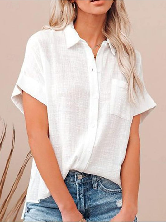 Women's Shirt Button Up Blouse Faux Cotton Linen Pocket