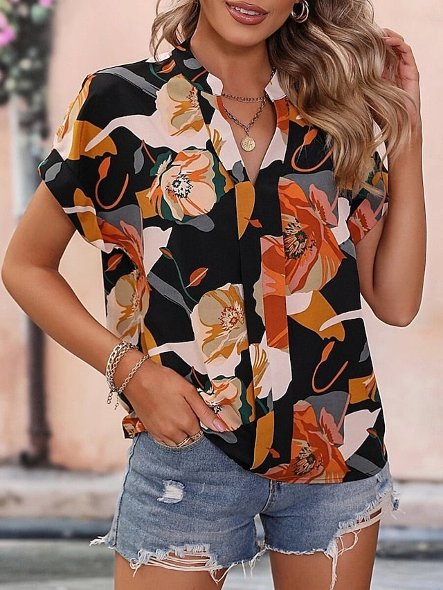 Women's Blouse Print Floral Stylish Casual Short Sleeve V