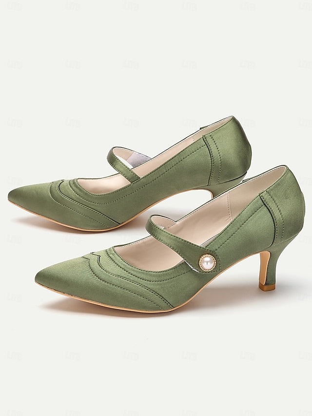 Elegant with Pearl - Button Mary Heels Jane Green Satin
