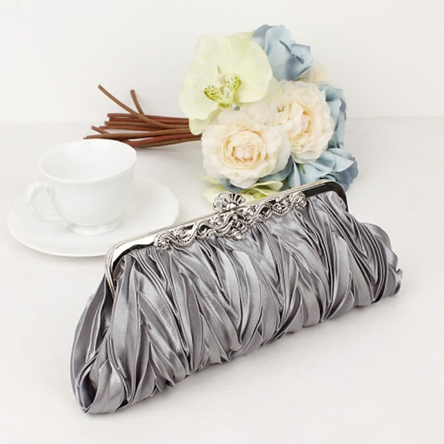 Women's Pleated White Elegant Evening Satin Clutch –