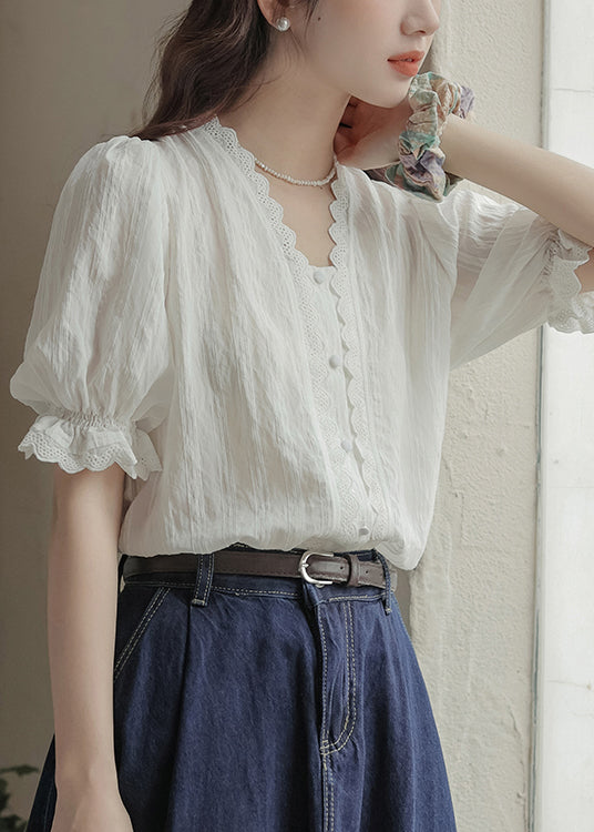 V Top Neck Summer White Lace Patchwork Casual