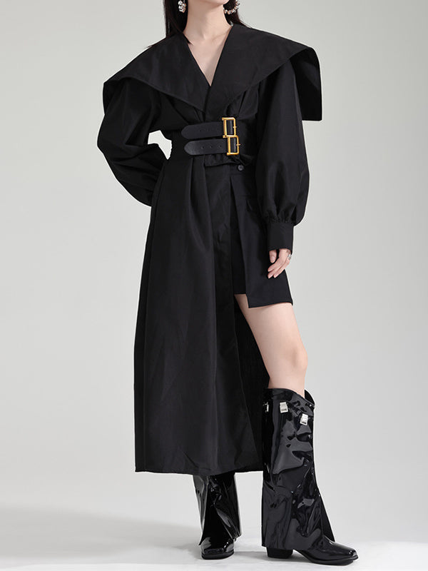 High Belted Pleated Lapel Long Black Asymmetric Waisted Modern