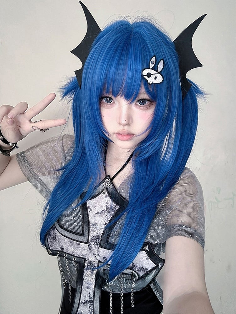 Blue 63CM Bangs Full Length With Straight Wig