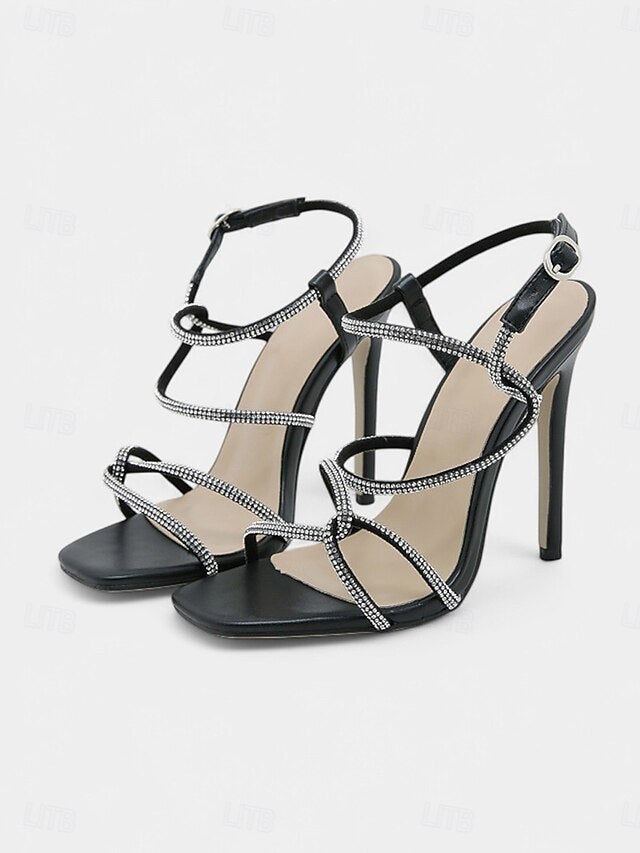 Black Crystal-Embellished Women's High Heel Sandals –