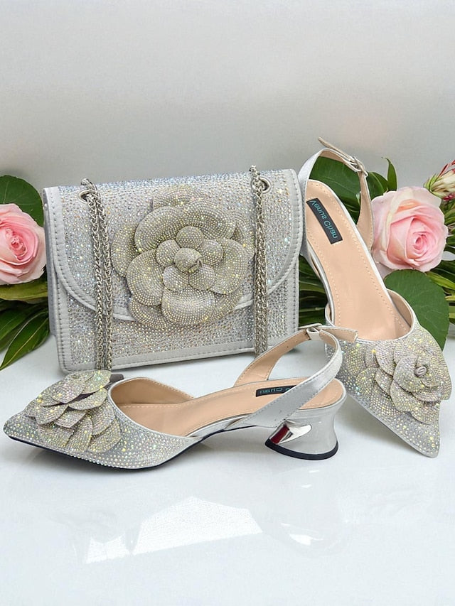 Rhinestone with Matching Women's Gold Slingback Pumps