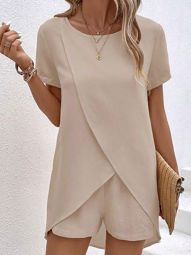 Women's Shorts Sets Short Sleeve Crew Neck Plain Ruched