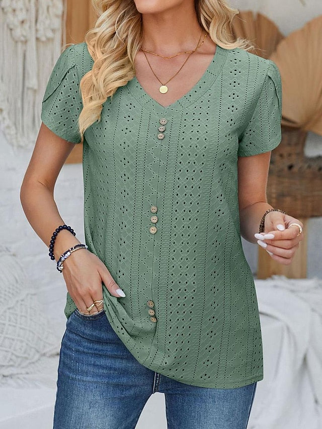 Women's Pointelle Shirt Eyelet Top Blouse Lace Buttons