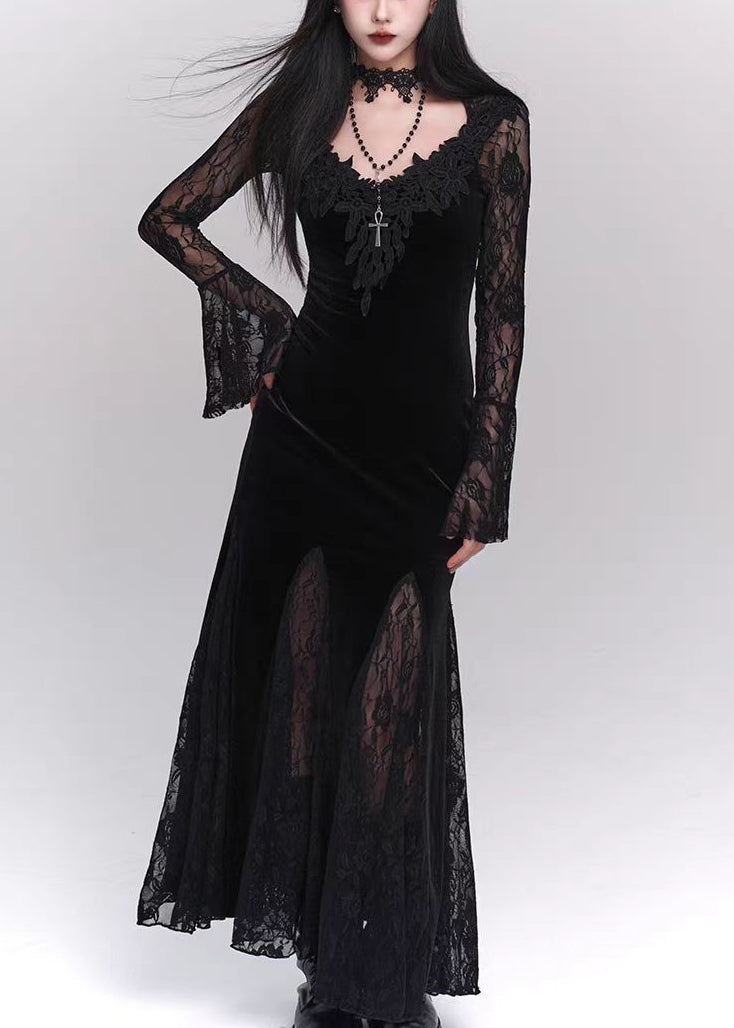 Black Silk Lace Velvet Hollow Bohemian Dresses Out Patchwork Maxi