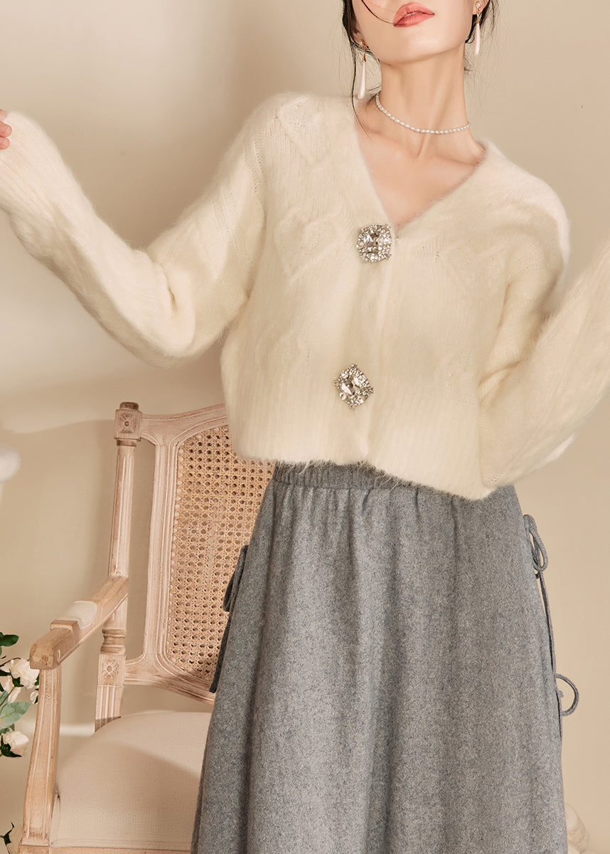 Fashion White V Neck Woolen Short Cardigans Fall WV014