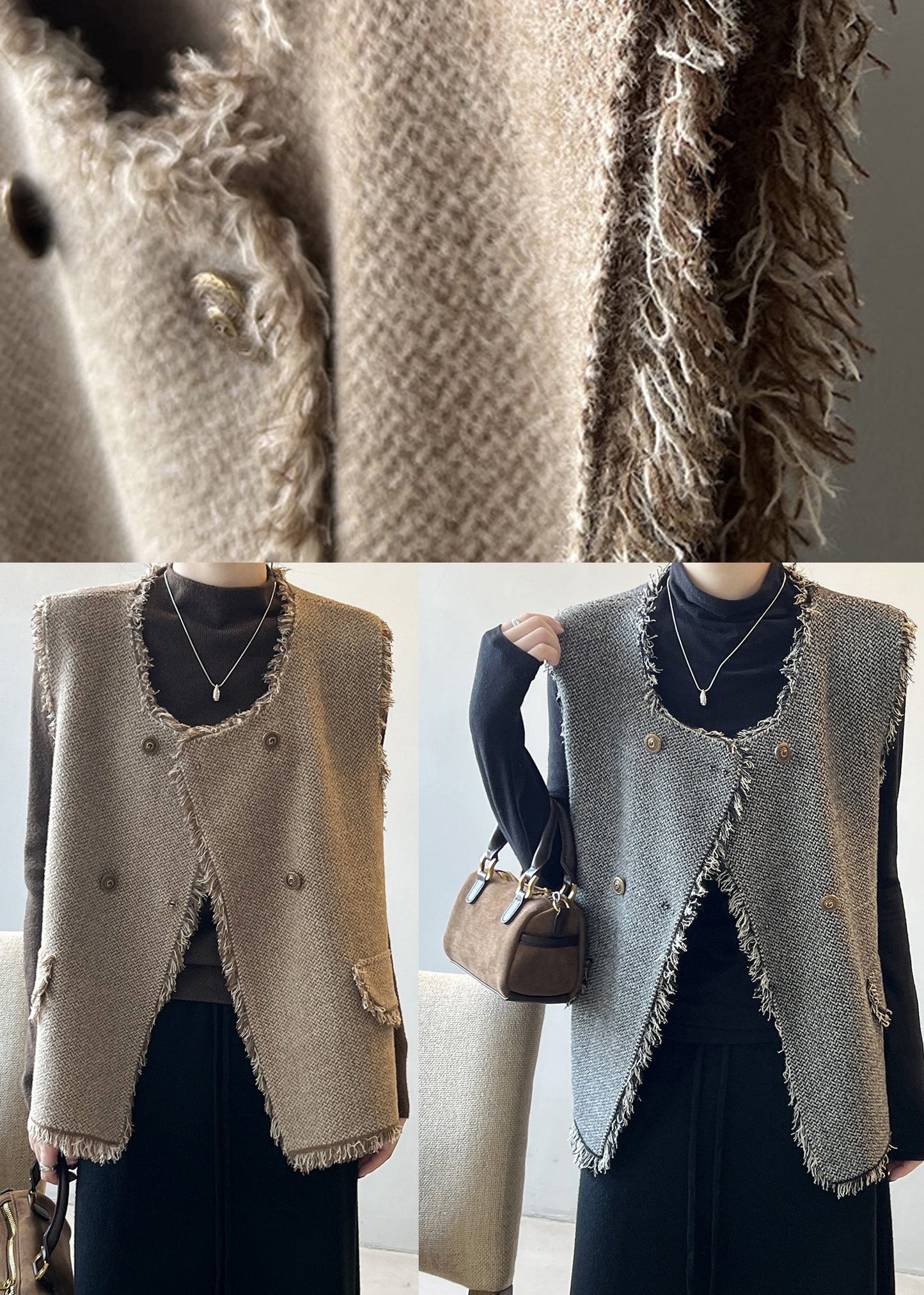 Gilet en tricot croisé à pompons gris chic sans manches AF1053 